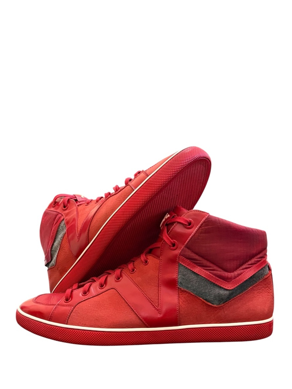 LOUIS VUITTON - RED WHITE GRAY LEATHER FELT HIGH TOP SNEAKERS “HEROES”